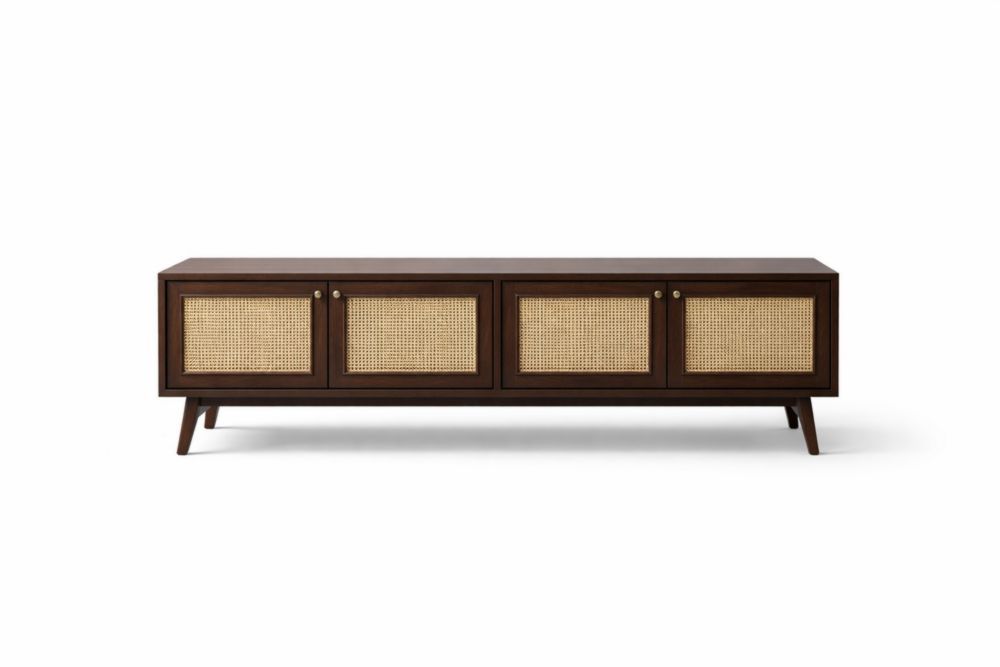 Wood TV Stand with Cane Doors Brown 4-Door Media Console