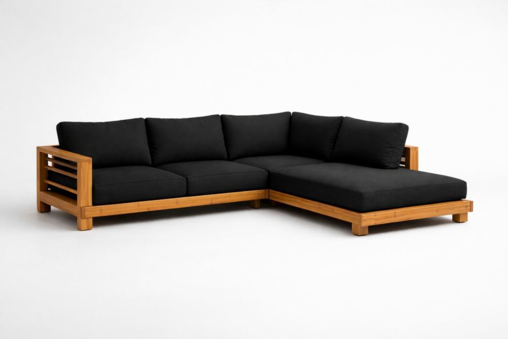 Wooden Frame Corner L-Shaped Sofa Set with Black Cushions