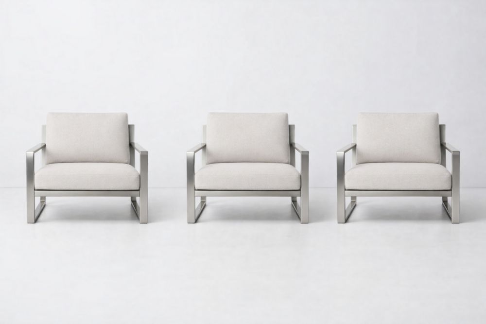 Set of 3 Beige Fabric Armchairs with Stainless Steel Frame