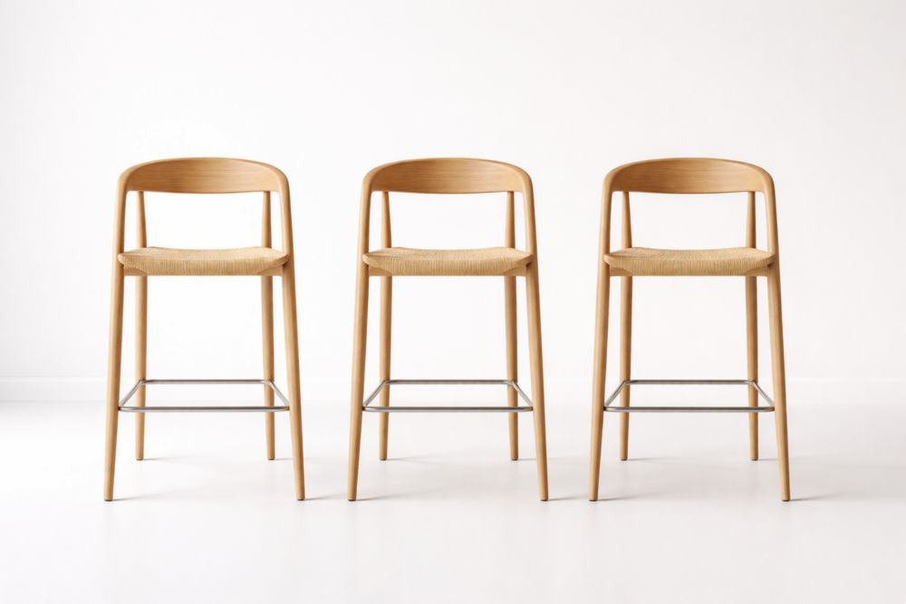 Set of 3 Oak Counter Stools with Woven Rope Seat Natural