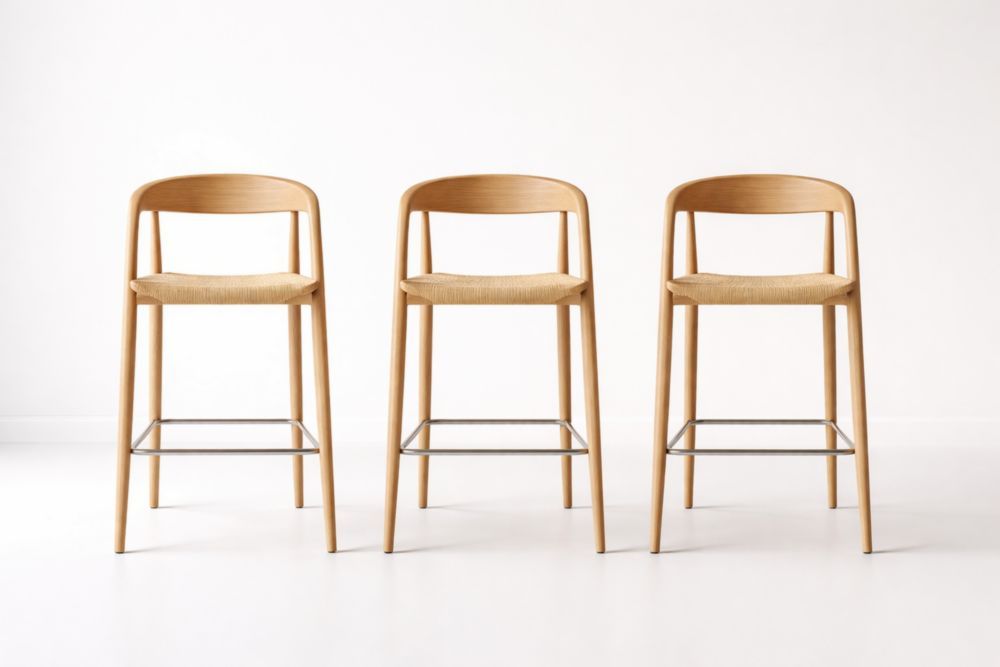 Set of 3 Oak Counter Stools with Woven Rope Seat Natural