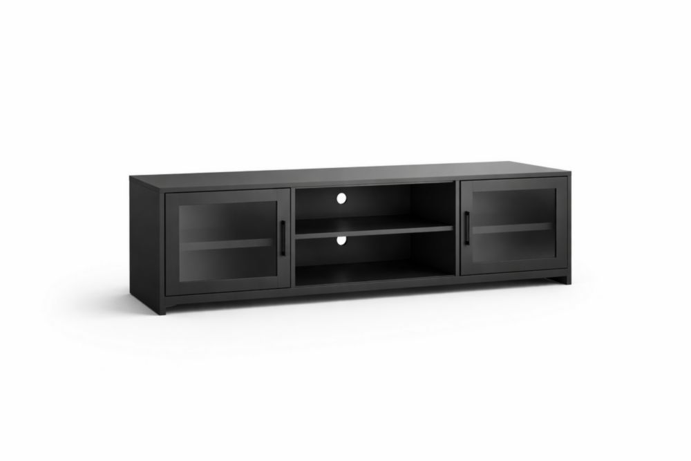 Black Rectangular TV Stand with Glass Doors and Shelves 150cm