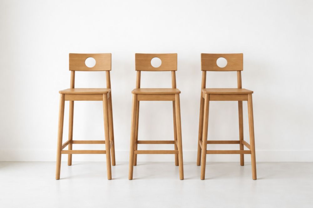 Wooden Bar Stool Set with Circular Backrest Hole Natural Finish