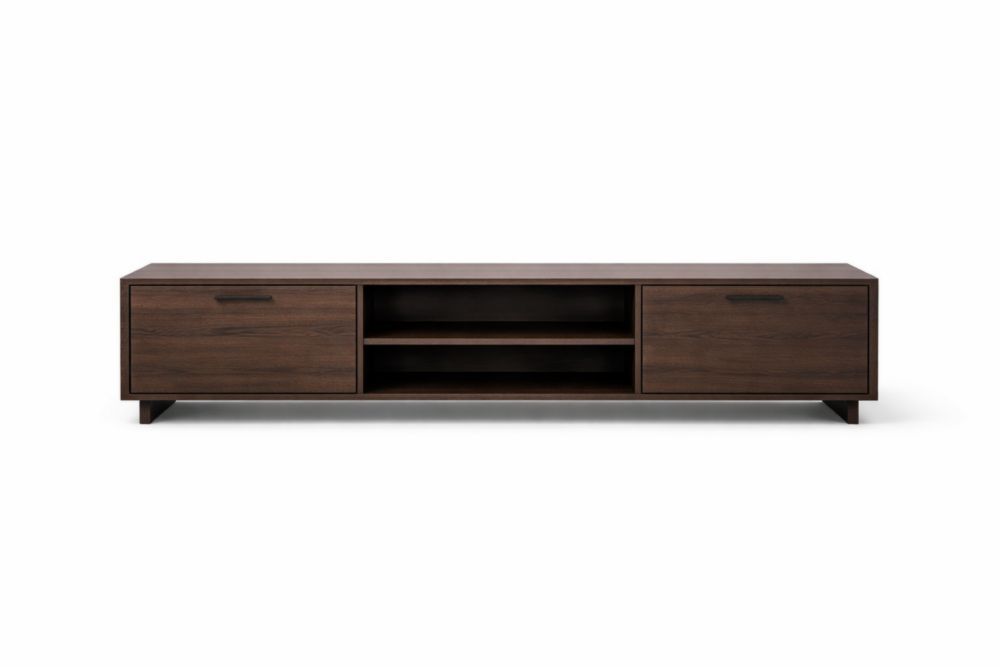 Wood TV Stand with Shelves and Cabinets in Dark Brown
