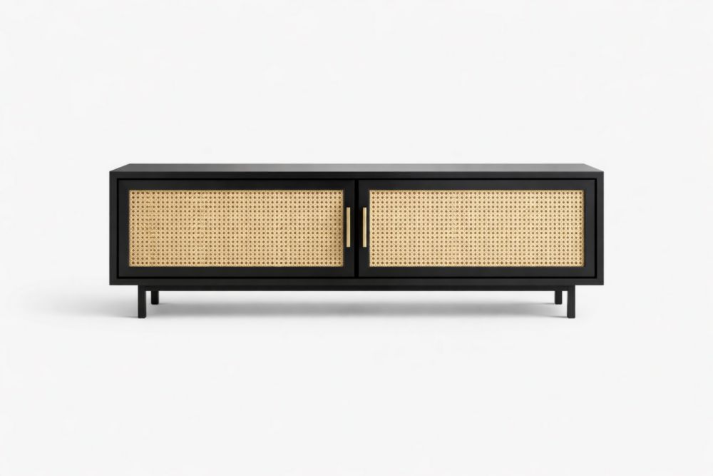 Media Console with Rattan Doors Black Wood Frame 150 cm