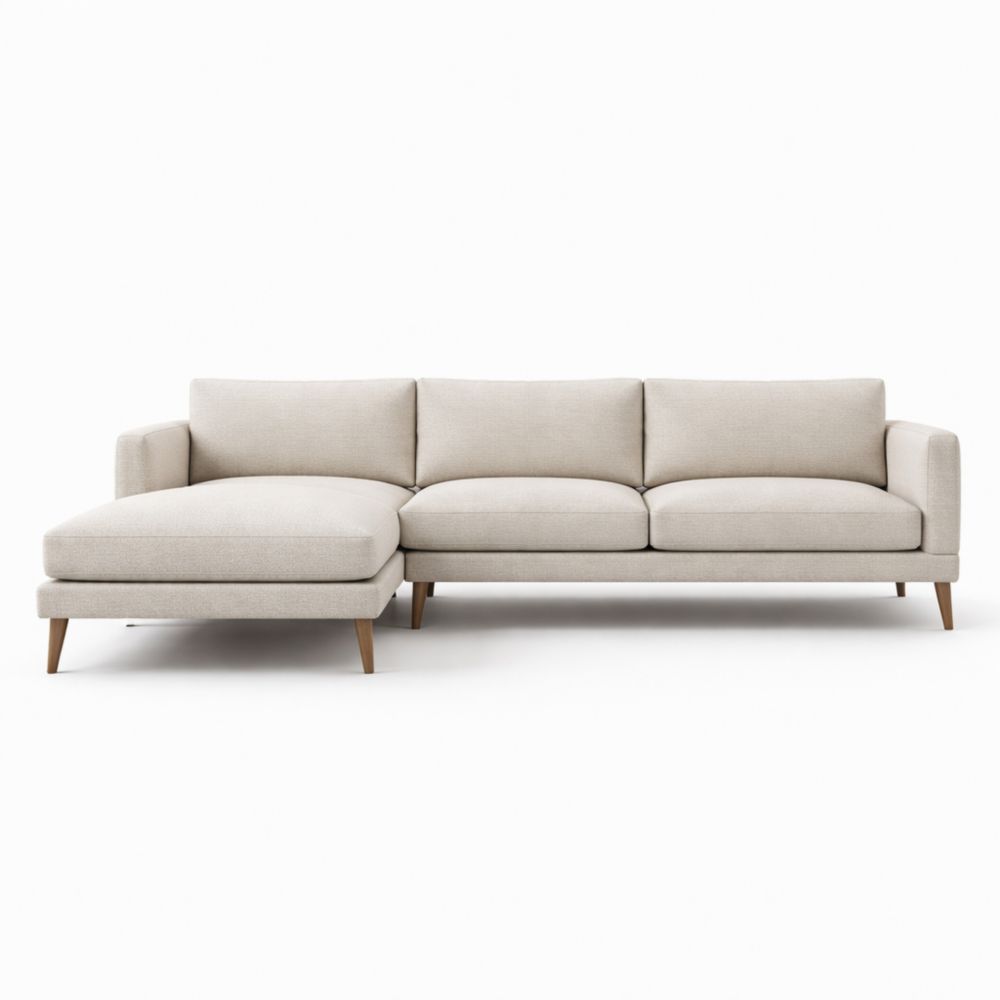 Beige linen sofa with wooden legs