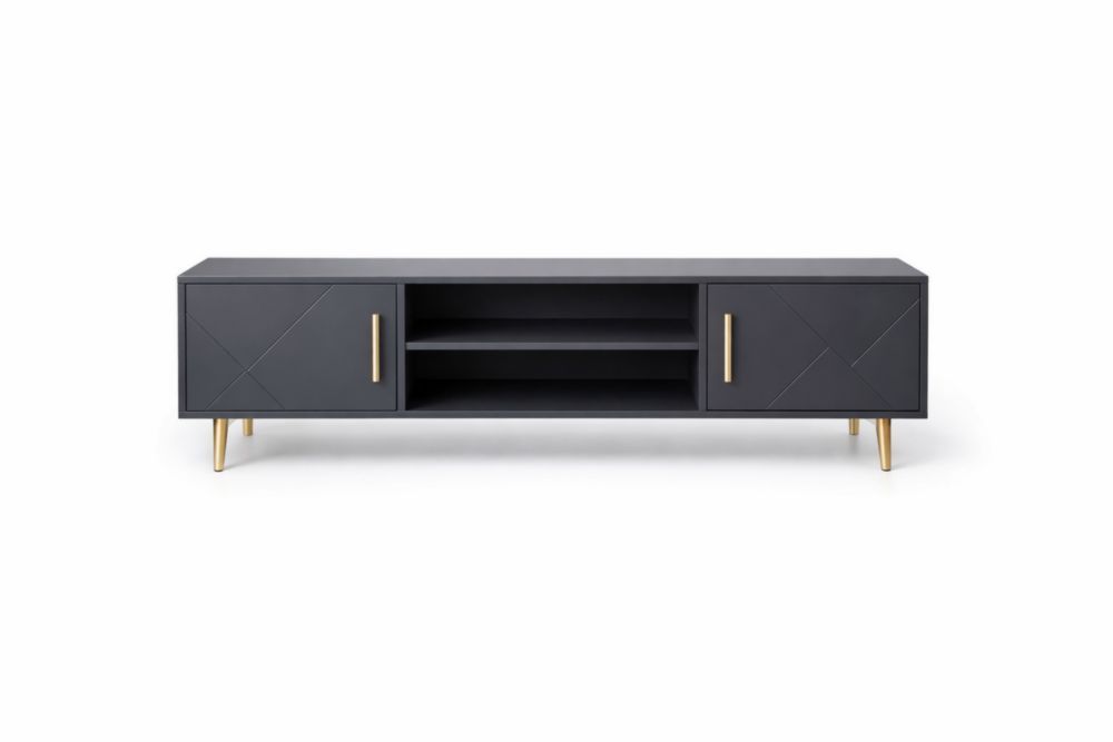 Black Rectangular Engineered Wood TV Stand with Gold Legs