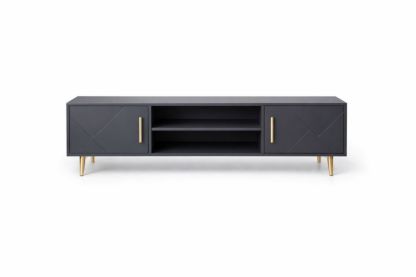Black Rectangular Engineered Wood TV Stand with Gold Legs