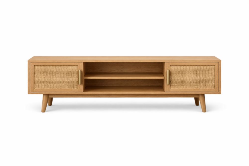 Natural Oak TV Stand with Cane Doors and Shelves