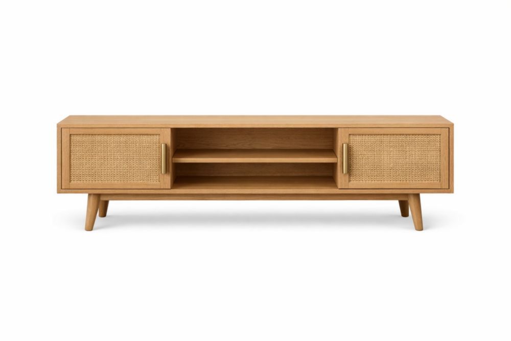 Natural Oak TV Stand with Cane Doors and Shelves