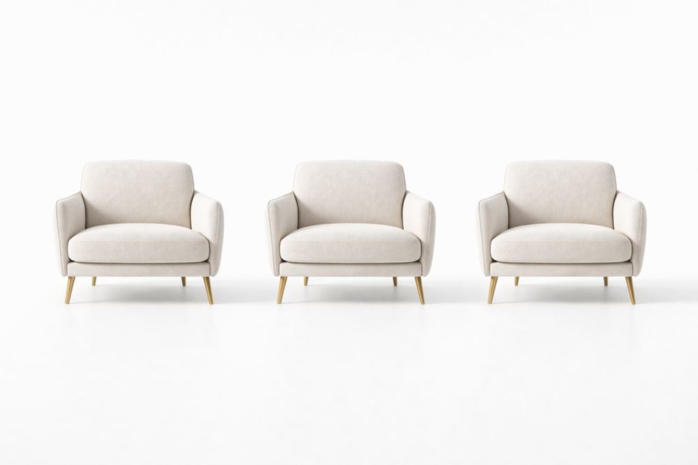 Set of 3 Beige Upholstered Armchairs with Wooden Legs