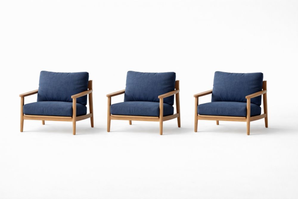 3-Piece Lounge Chair Set Blue Fabric Cushions with Wooden Frame
