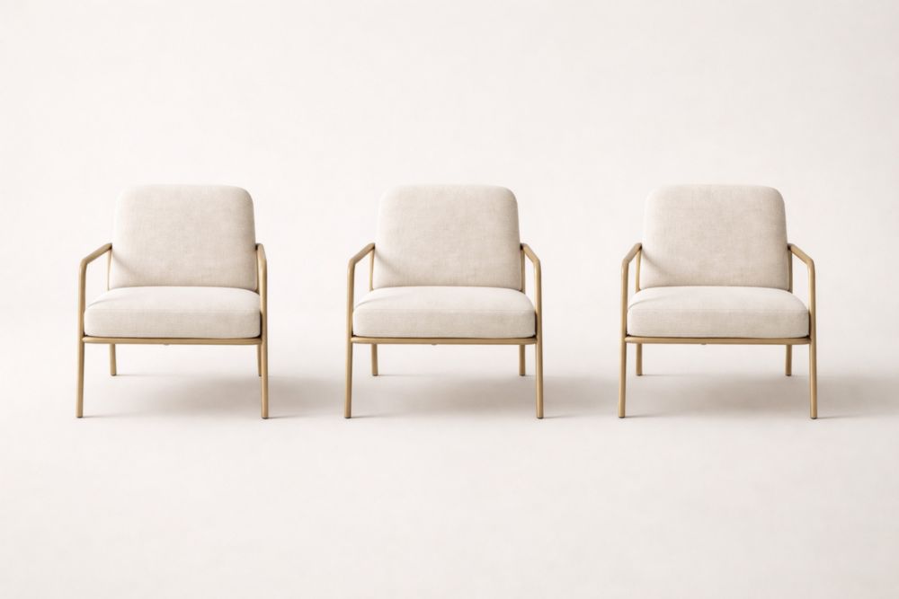 Set of 3 Beige Polyester Fabric Armchairs with Steel Frame