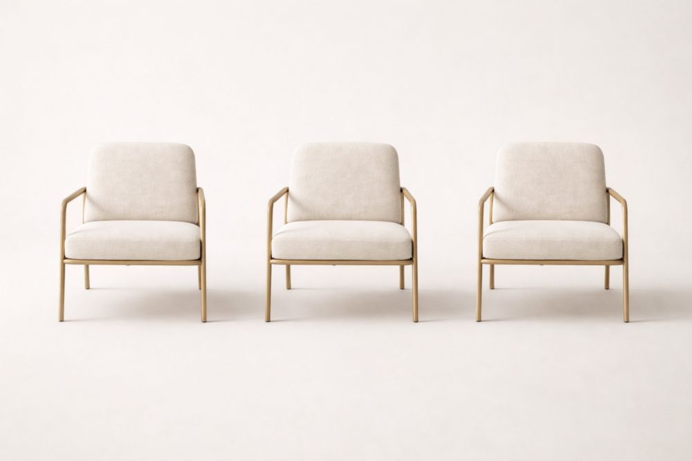 Set of 3 Beige Polyester Fabric Armchairs with Steel Frame