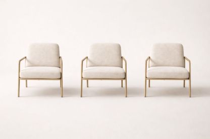 Set of 3 Beige Polyester Fabric Armchairs with Steel Frame