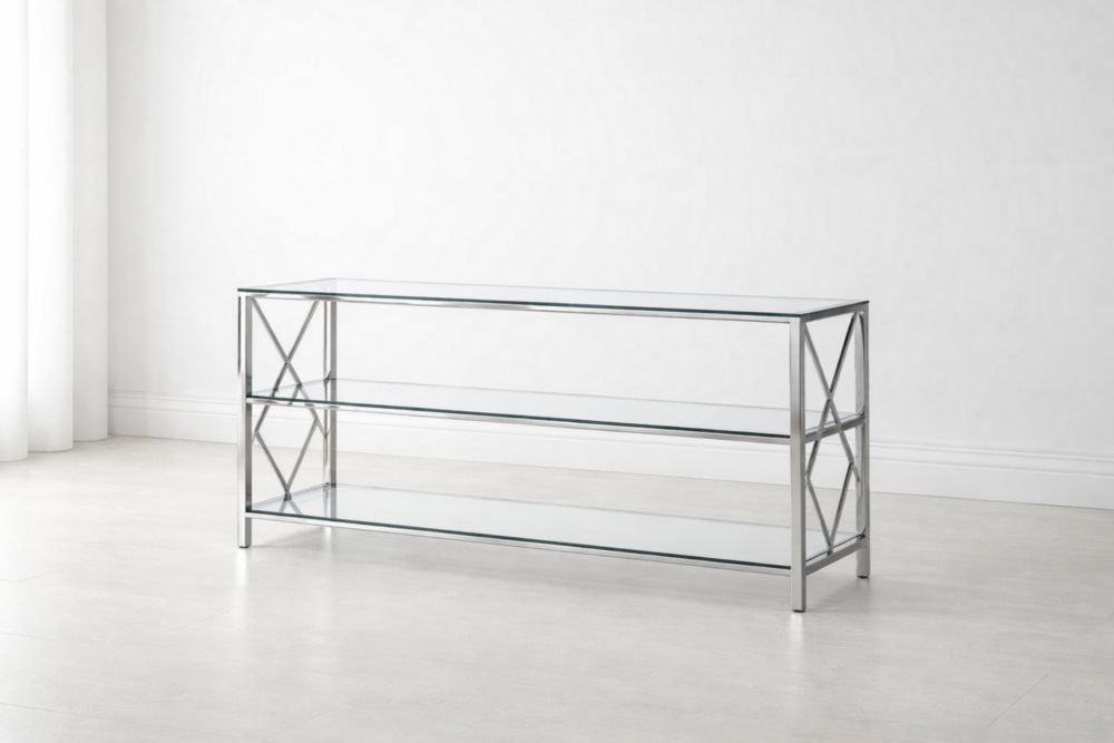 Glass Console Table with Stainless Steel Frame and Three Tiers