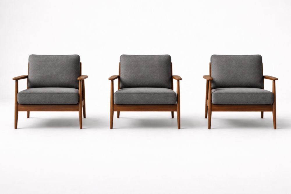Set of 3 Wooden Armchairs with Gray Fabric Cushions