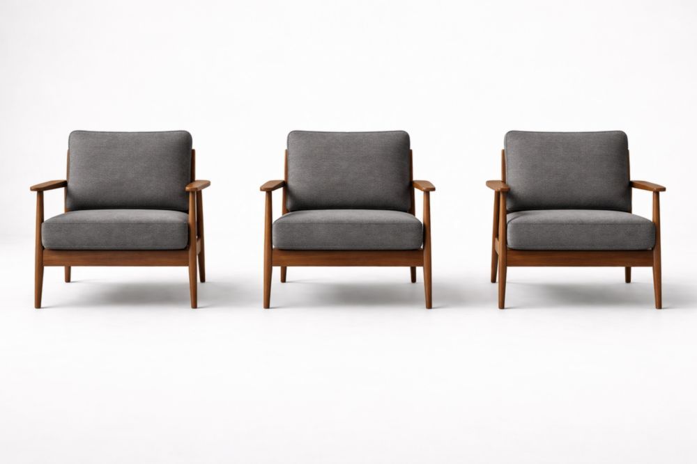 Set of 3 Wooden Armchairs with Gray Fabric Cushions