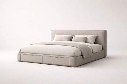 Beige Upholstered Storage Platform Bed with Drawers Full Size Wooden Frame