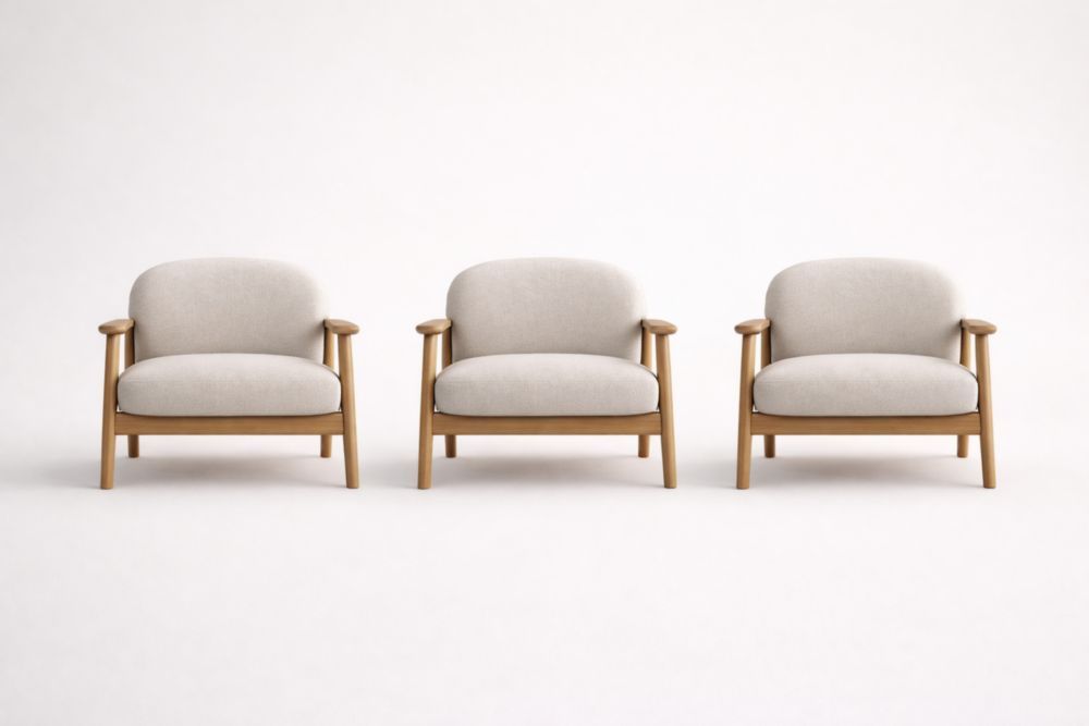 Set of 3 Beige Fabric Armchairs with Wooden Frame