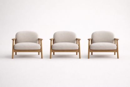 Set of 3 Beige Fabric Armchairs with Wooden Frame