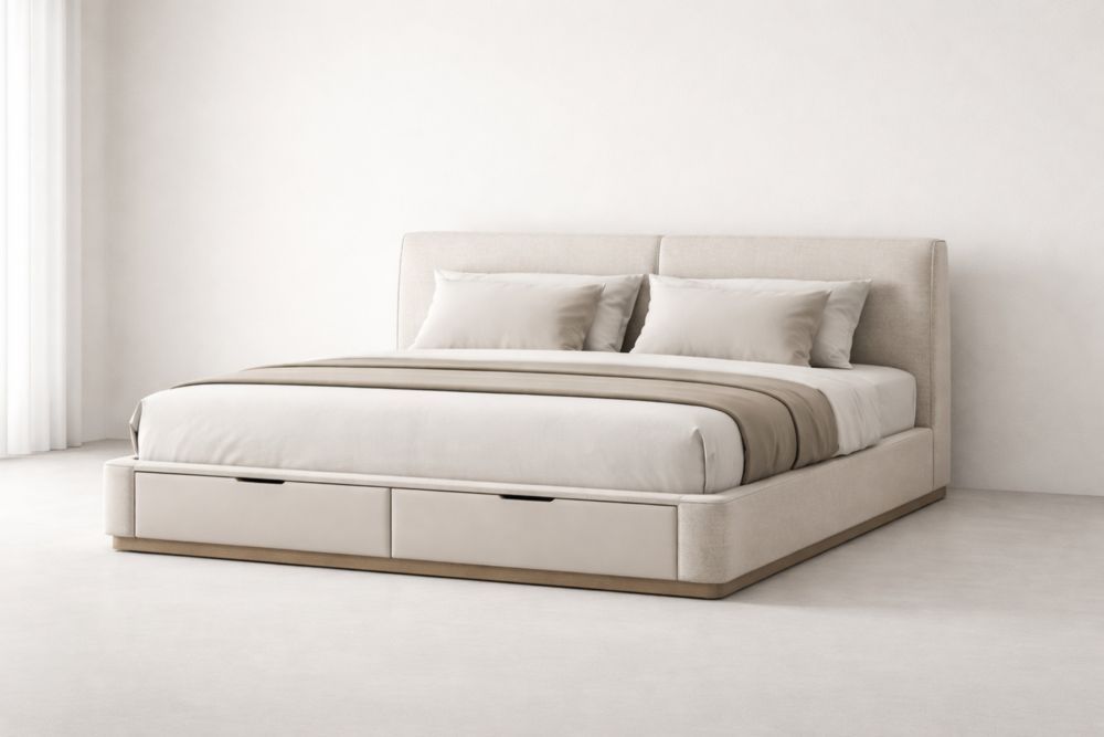 King Size Upholstered Bed with Storage Drawers Beige Fabric