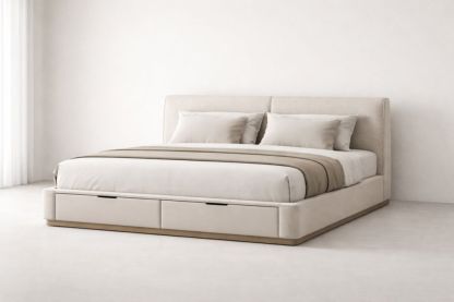 King Size Upholstered Bed with Storage Drawers Beige Fabric