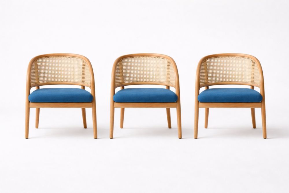 Wooden Lounge Chair Set with Blue Upholstery and Woven Cane Backrest