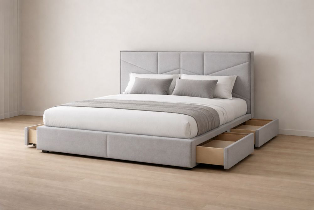 King Size Grey Upholstered Bed Frame with Storage Drawers