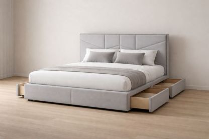 King Size Grey Upholstered Bed Frame with Storage Drawers