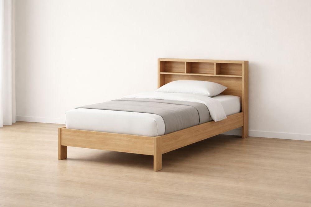 Wooden Single Bed Frame with Headboard Storage in Natural Finish