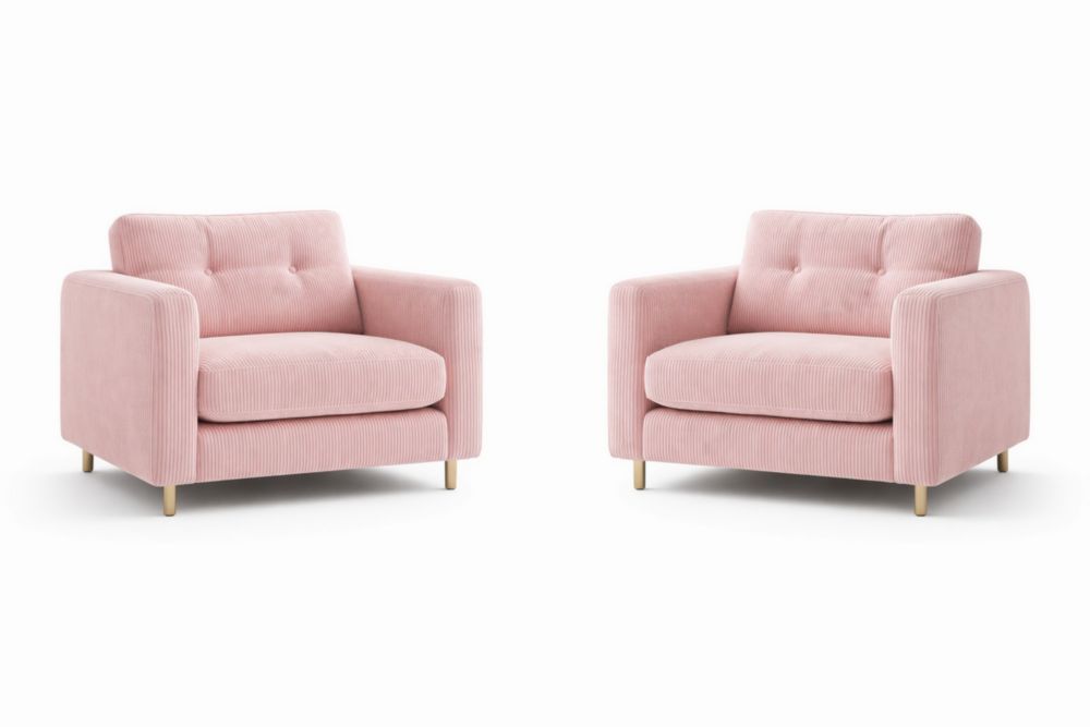 Set of 2 Pink Corduroy Armchairs with Wooden Legs 85 cm Width