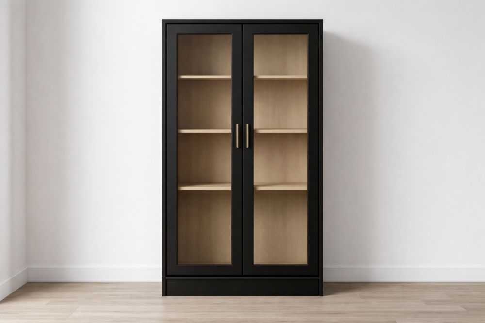 Glass Door Cabinet Black Wood with Shelves 180cm x 90cm x 40cm