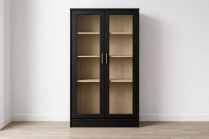 Glass Door Cabinet Black Wood with Shelves 180cm x 90cm x 40cm
