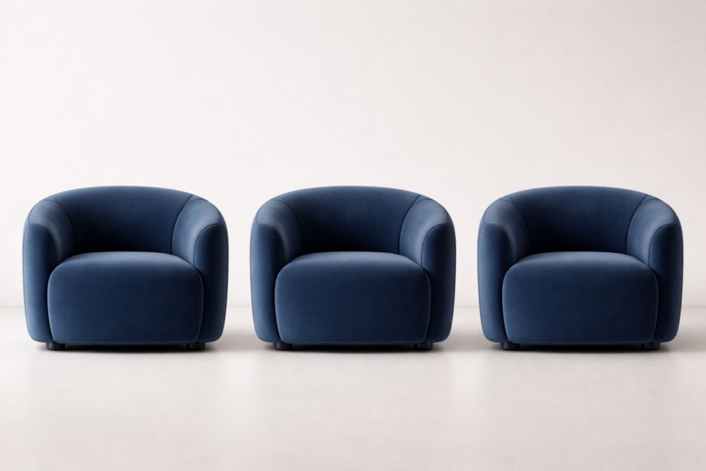 Blue Velvet Armchair Set with Curved Design