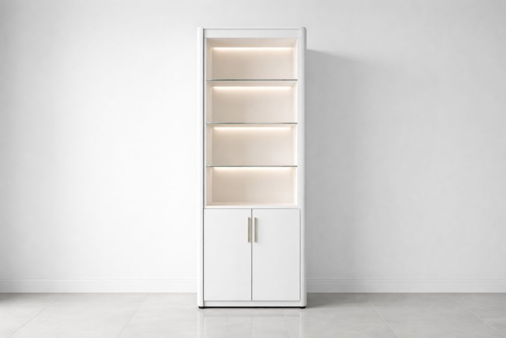 White Display Cabinet with Glass Shelves and LED Lighting