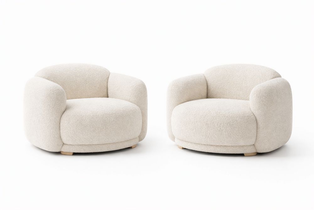 Set of 2 Round Armchairs in Cream Boucle with Wooden Base