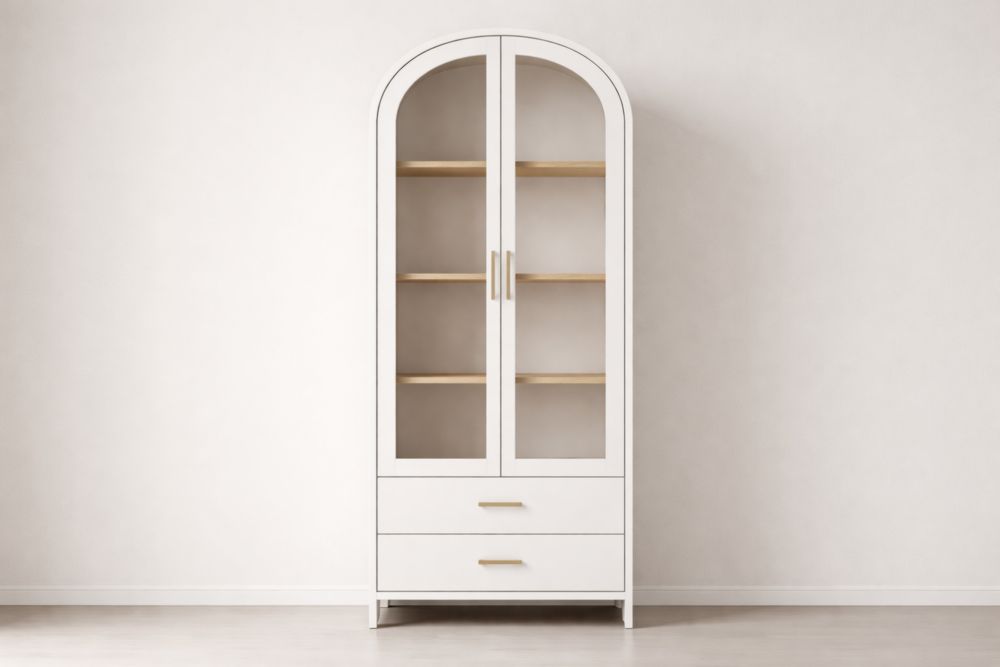 White Arched Display Cabinet with Glass Doors and Wood Shelves