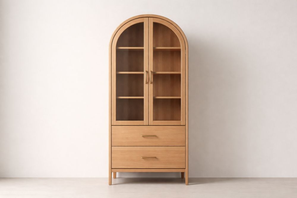 Wooden Arched Cabinet with Glass Doors and Drawers