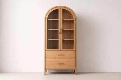 Wooden Arched Cabinet with Glass Doors and Drawers