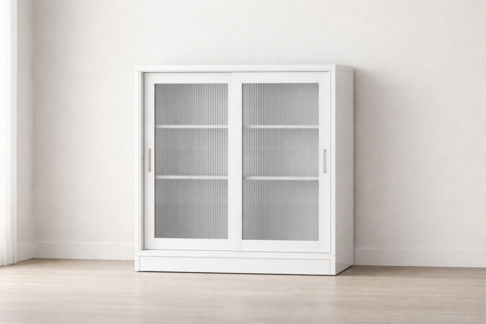 White Sliding Door Cabinet with Tempered Glass Panels and Adjustable Shelves