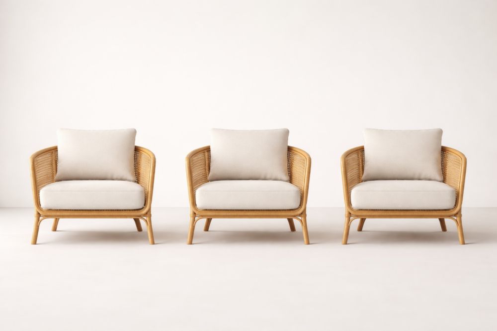 Set of 3 Rattan Armchairs with Beige Cushions
