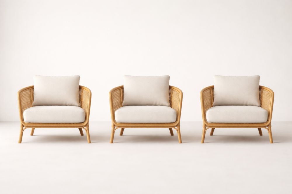 Set of 3 Rattan Armchairs with Beige Cushions