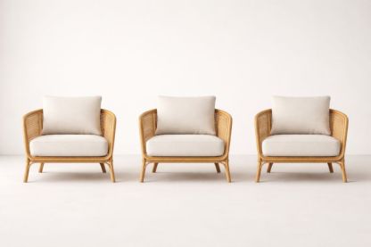 Set of 3 Rattan Armchairs with Beige Cushions