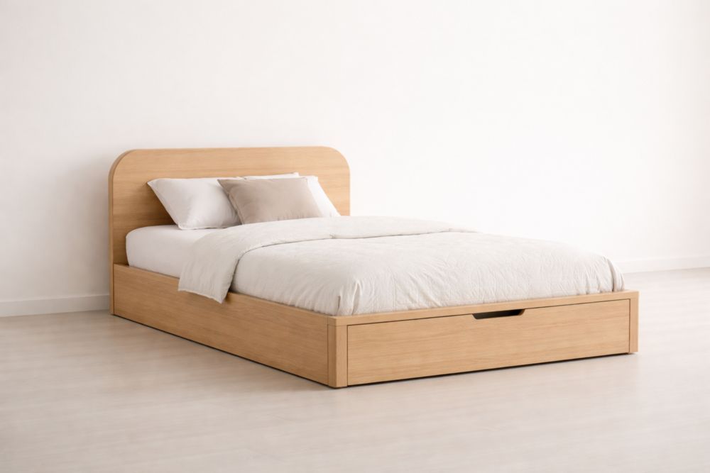 Wood Platform Bed with Curved Headboard and Storage Drawer Light Oak