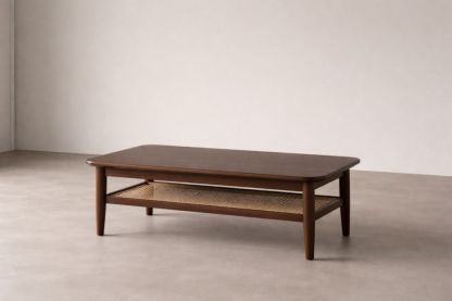Wood Rectangular Coffee Table with Rattan Shelf Brown
