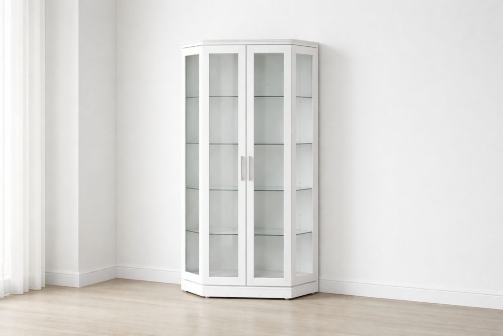White Corner Display Cabinet with Glass Doors and Shelves