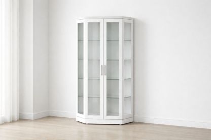 White Corner Display Cabinet with Glass Doors and Shelves