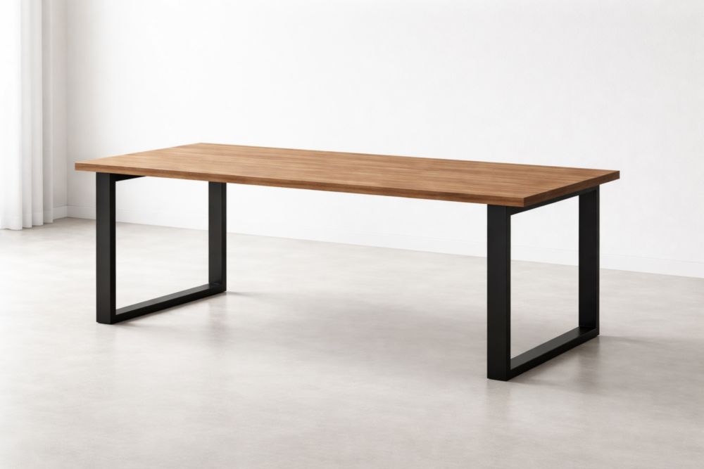 Rectangular Dining Table Wood Veneer Top Black Metal Legs