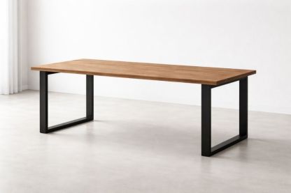 Rectangular Dining Table Wood Veneer Top Black Metal Legs